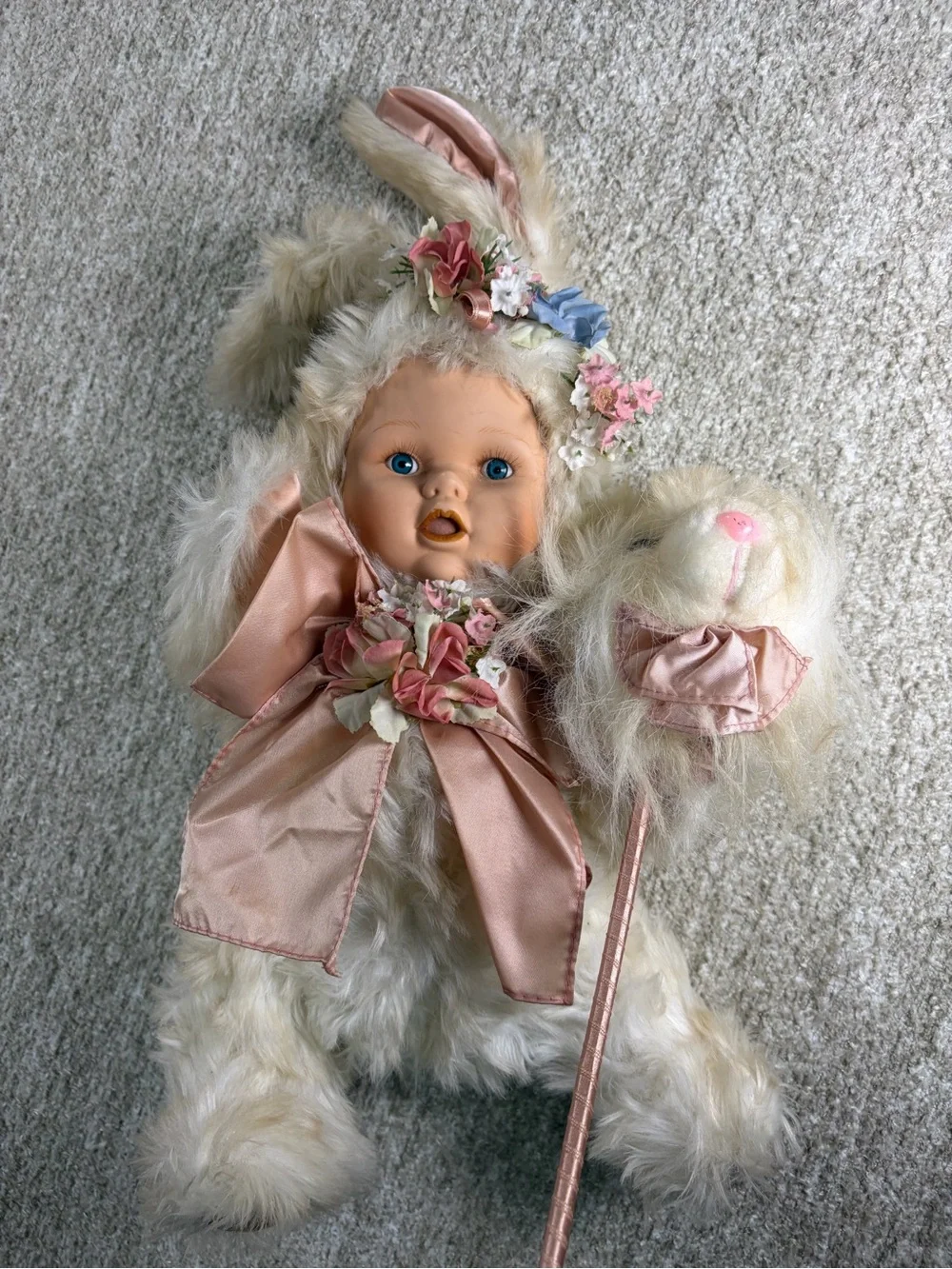Vintage Porcelain Face Baby Doll Plush Bunny Costume